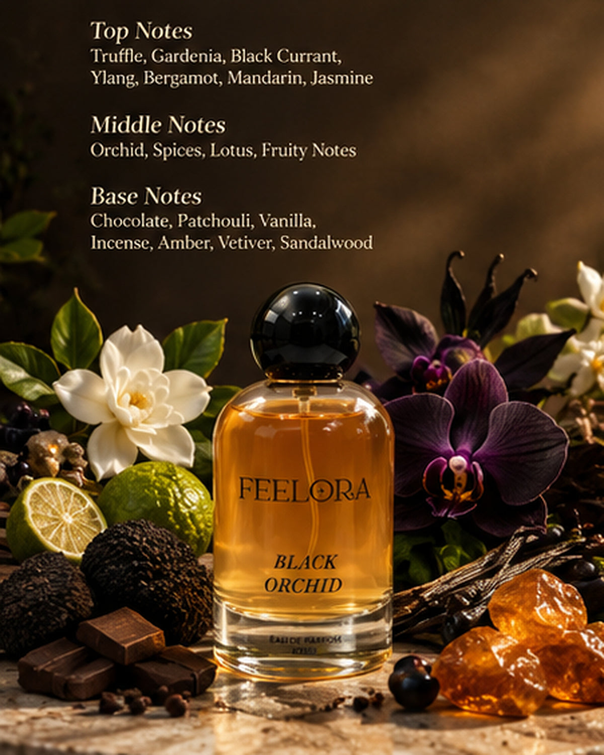 Feelora Black Orchide Eau de Parfum - Dark Floral Luxury Parfum, 100 ML
